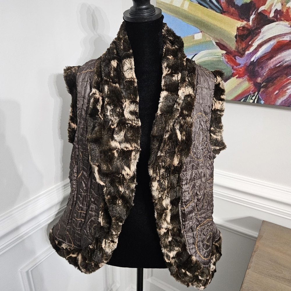 Vintage Lindi Quilted Reversible Brown Print Crinkle Vest Top with Pockets Sz L